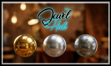 Gold, silver and dark metal spheres under the JewelHub logo