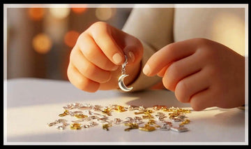 Hand picking a crescent moon charm from a pile of gold and silver charms