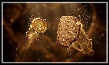 Gold seal and cuneiform tablet dissolving into dust, and hands holding a pierced stone bead on cord by a fire