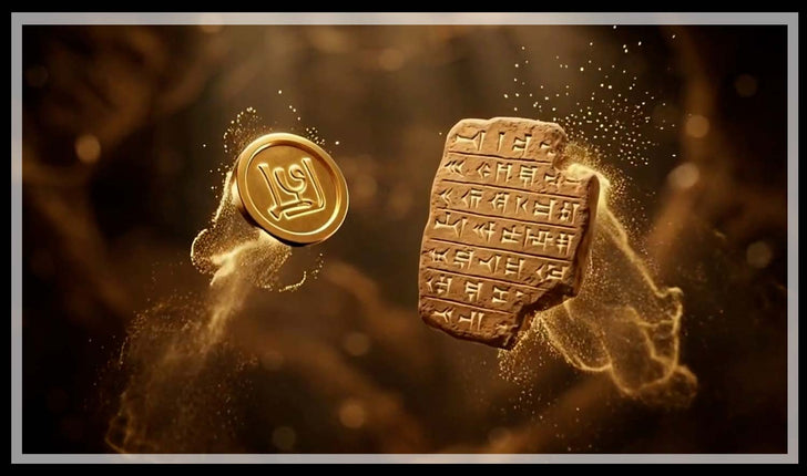 Gold seal and cuneiform tablet dissolving into dust, and hands holding a pierced stone bead on cord by a fire
