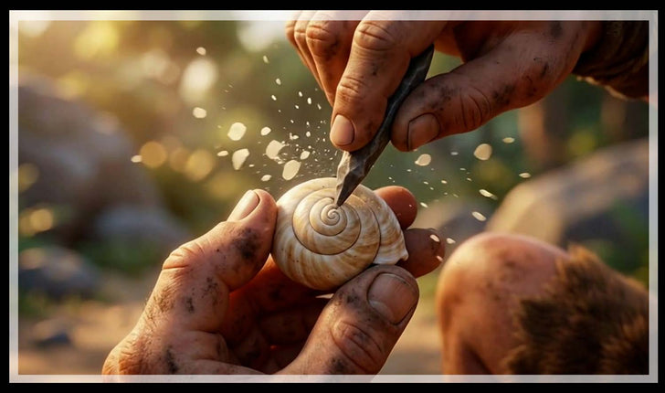 Rough hands carving a spiral snail shell with a stone tool