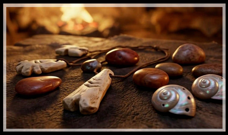 Prehistoric shells, stones and carved bone pendants on hide, and a hand shaping a stone bead with a flint tool