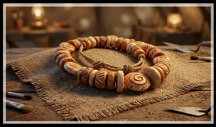 Strand of carved spiral and patterned prehistoric beads on burlap