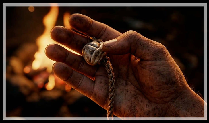 Weathered hand holding a shell bead on cord by firelight, and a carved bone pendant with tribal marks on stone