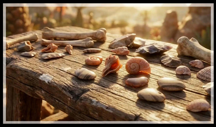 Bones, shells and flint on a weathered wooden bench