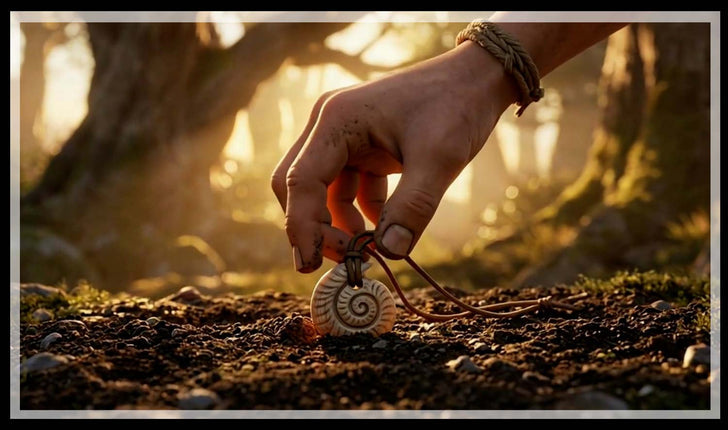 Hand placing a spiral shell pendant on soil, and carved beads, shells and animal amulets laid in an ancient grave