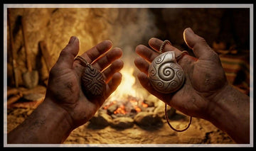 Hands by a cave fire holding a carved stone amulet and a spiral shell pendant