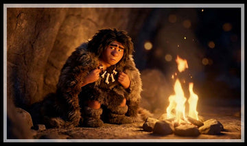 Ice Age figure in furs wearing a bone necklace by a fire, and a hand holding a carved mammoth pendant
