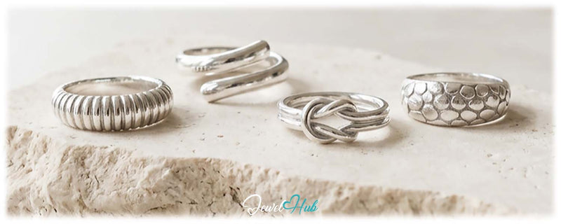 925 silver rings in ribbed, wrap, knot and pebble styles