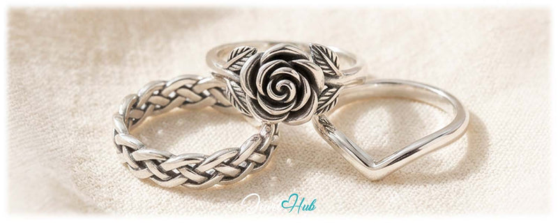 925 silver rings in rose, woven link and V-curve styles
