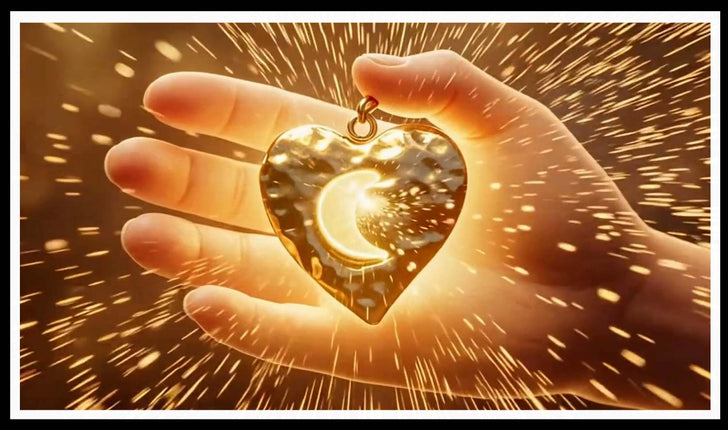 Hand holding a glowing gold heart pendant with a moon cutout