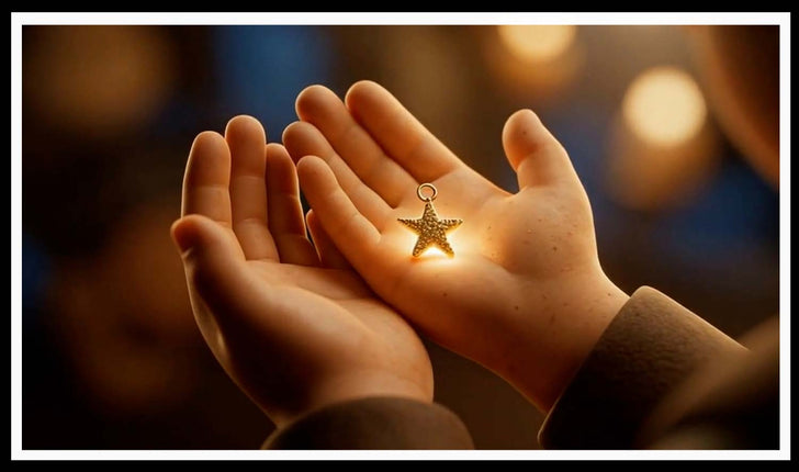 Child's hands cradling a glowing gold star charm