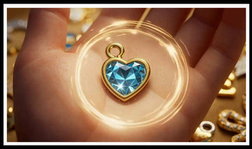 Open palm holding a gold-framed blue crystal heart charm