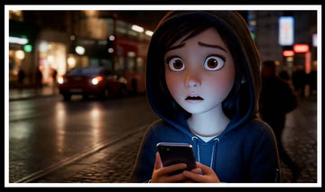 Anxious young woman in a hoodie holding a phone on a busy night street