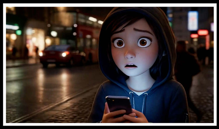 Anxious young woman in a hoodie holding a phone on a busy night street