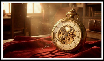 Antique gold pocket watch with heart-shaped hands on red velvet