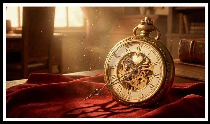 Antique gold pocket watch with heart-shaped hands on red velvet