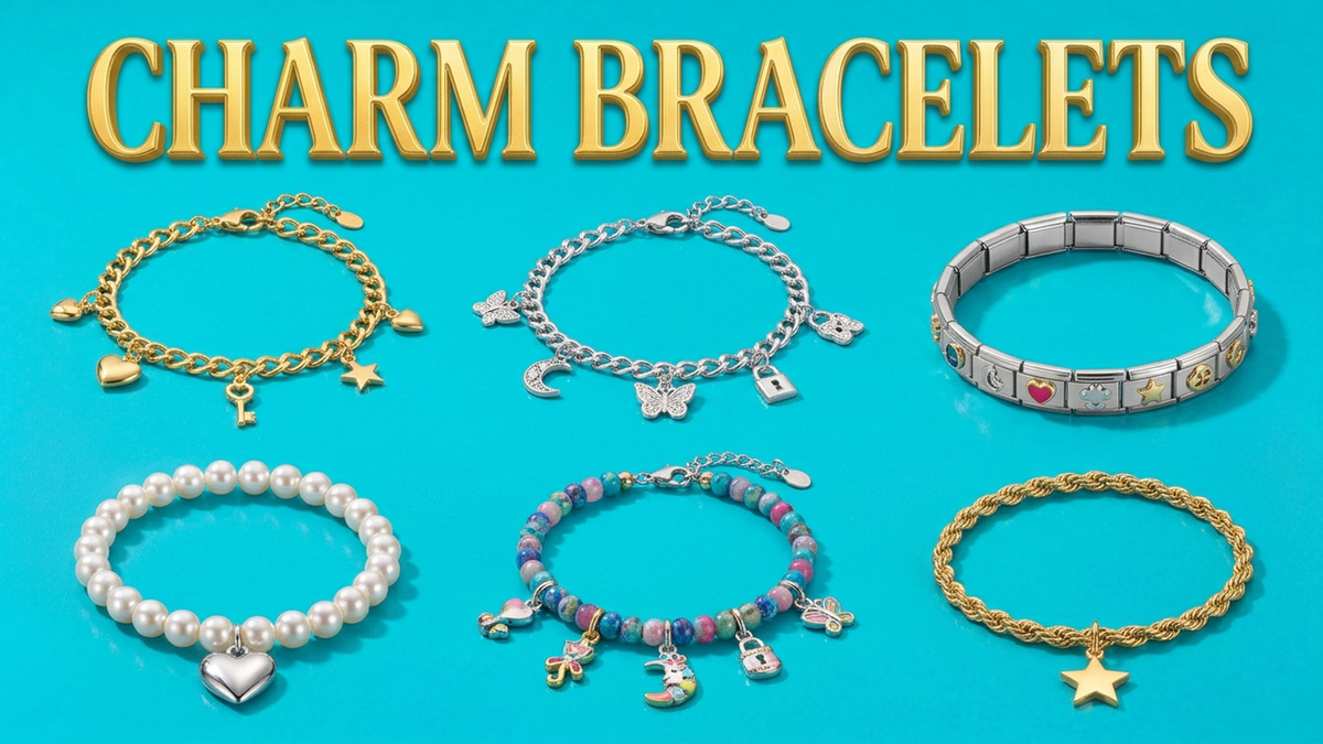 Charm bracelets in gold, silver, pearl and Italian tile styles
