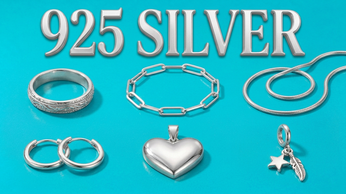 925 sterling silver jewellery: ring, paperclip chain bracelet, snake chain necklace, hoop earrings, heart pendant and charm
