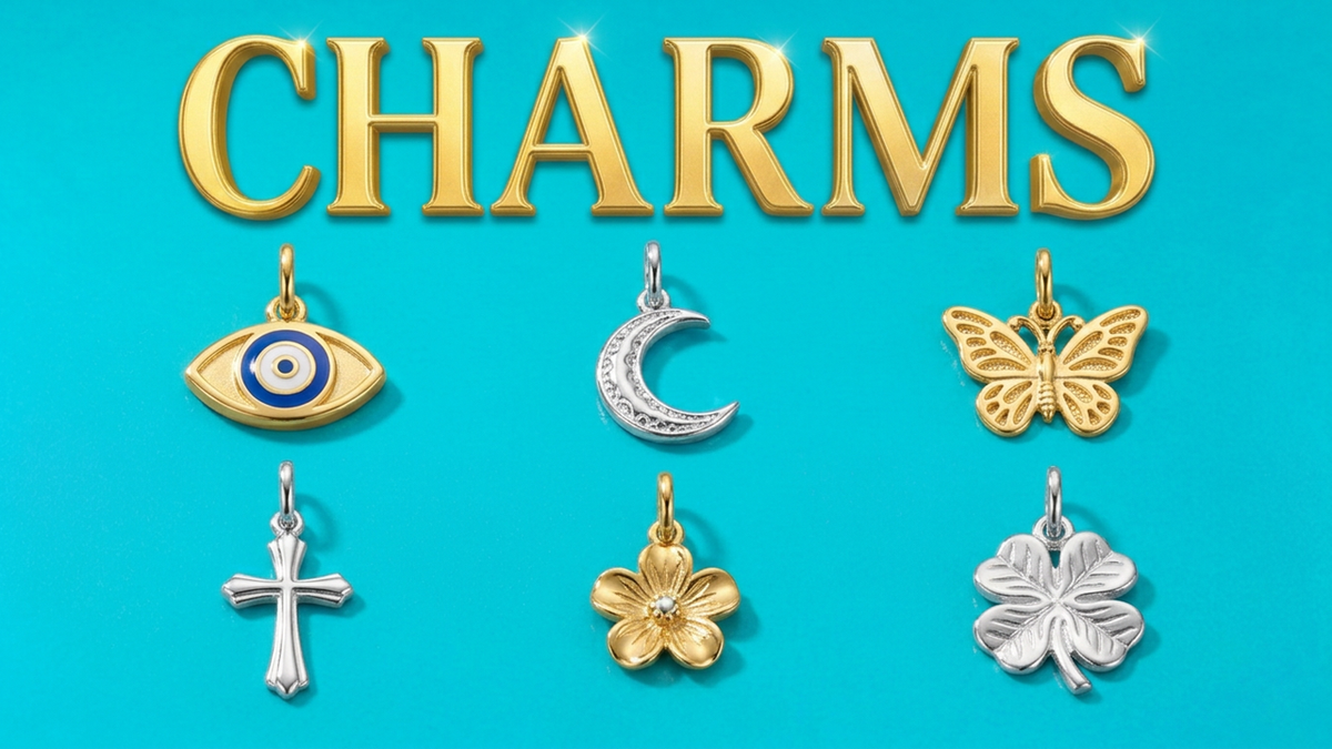 Charms: evil eye, crescent moon, butterfly, cross, flower and four-leaf clover
