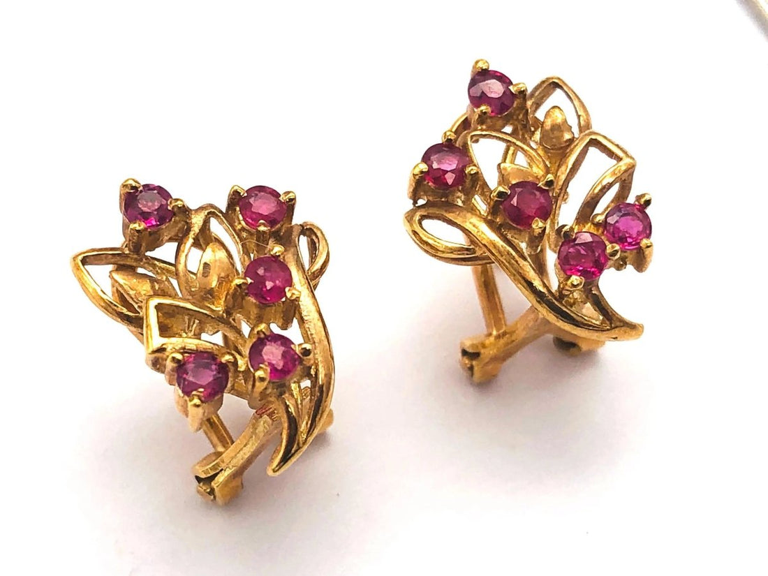 14k (585) Delicate Leaf Cluster Ruby Earrings – Five - Piece Floral Spark - JewelHub.co.uk