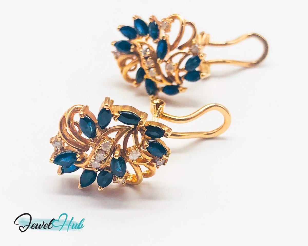 14k (585) Gold Sapphire Diamond Earrings - Exquisite design - JewelHub.co.uk