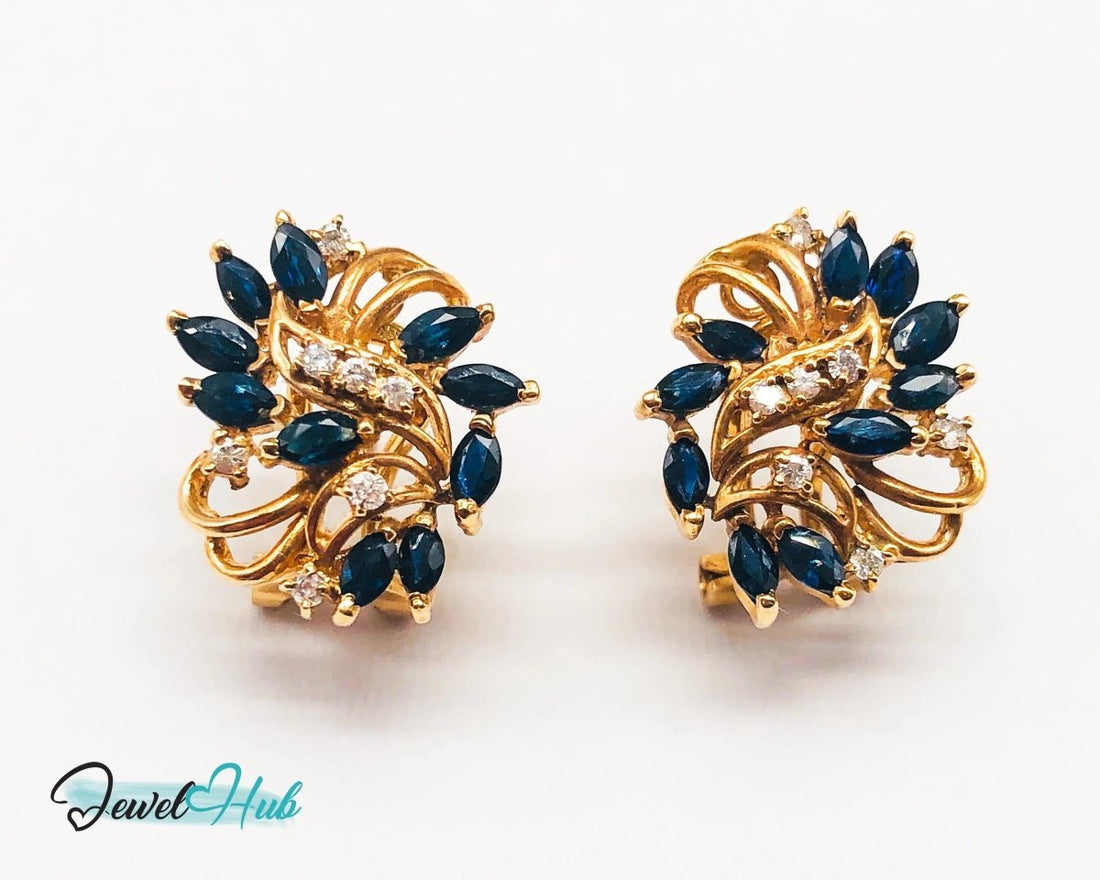14k (585) Gold Sapphire Diamond Earrings - Exquisite design - JewelHub.co.uk
