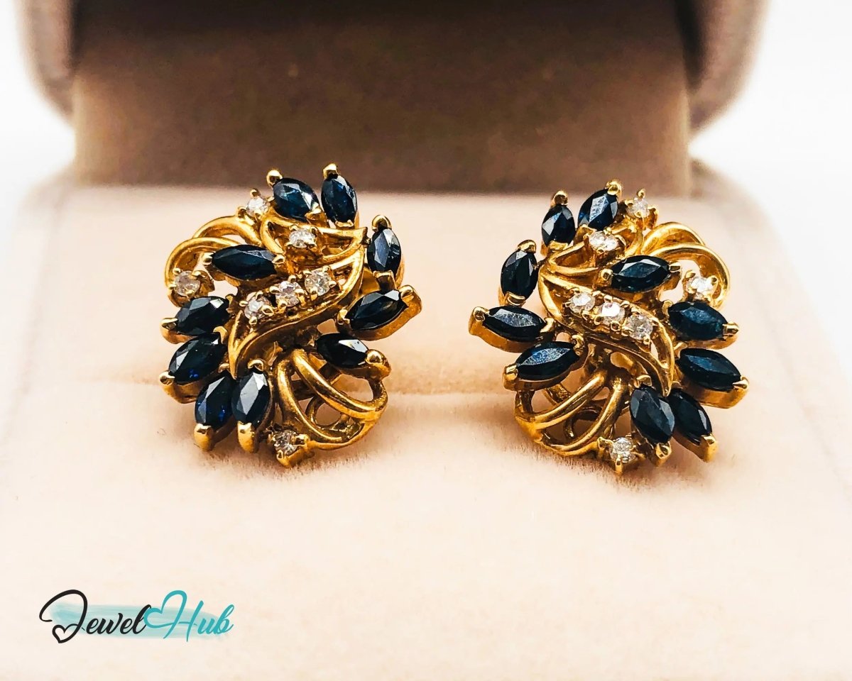 14k (585) Gold Sapphire Diamond Earrings - Exquisite design - JewelHub.co.uk