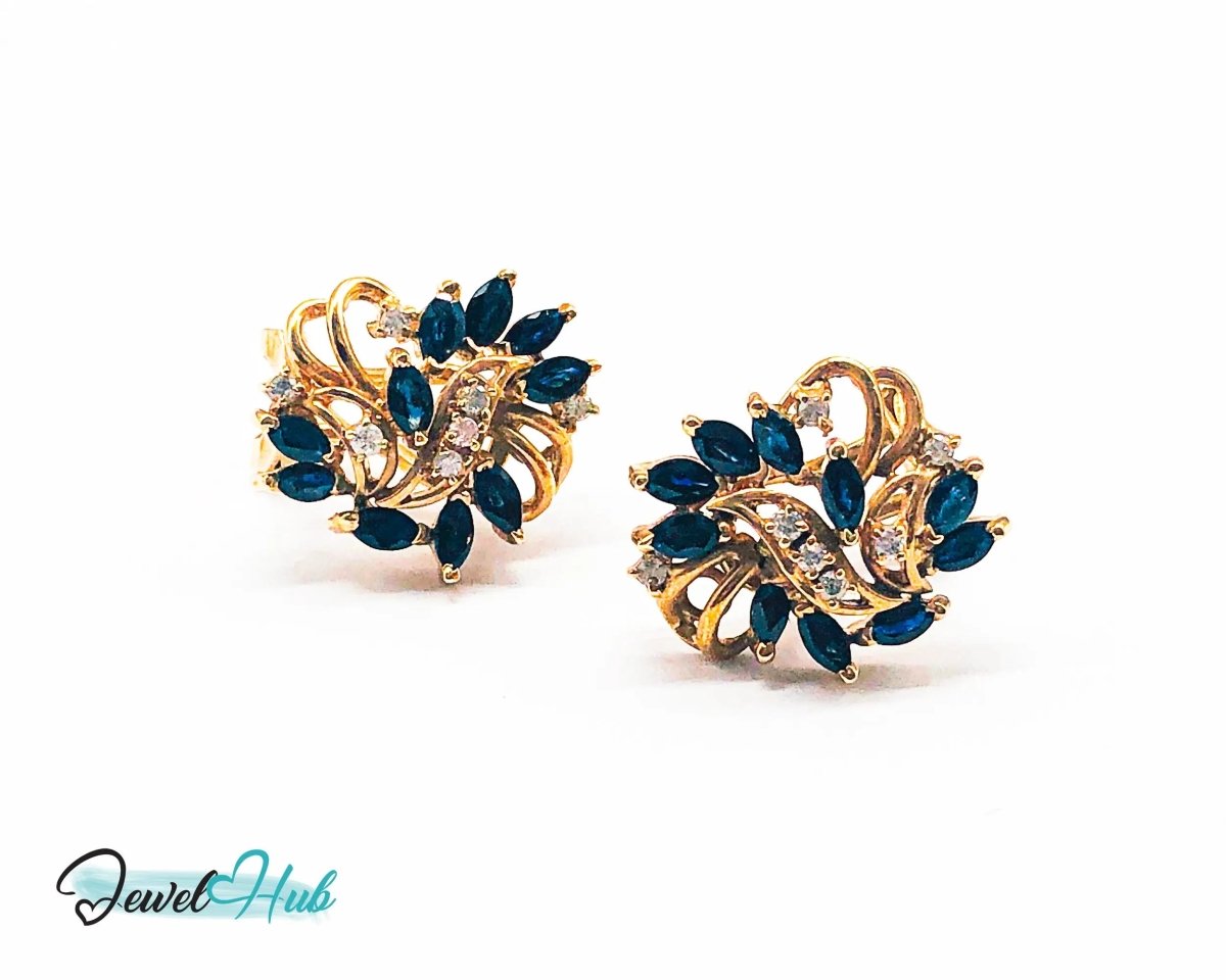 14k (585) Gold Sapphire Diamond Earrings - Exquisite design - JewelHub.co.uk