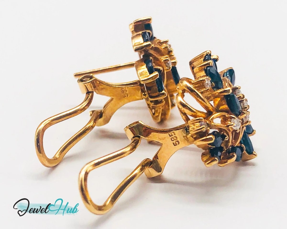 14k (585) Gold Sapphire Diamond Earrings - Exquisite design - JewelHub.co.uk