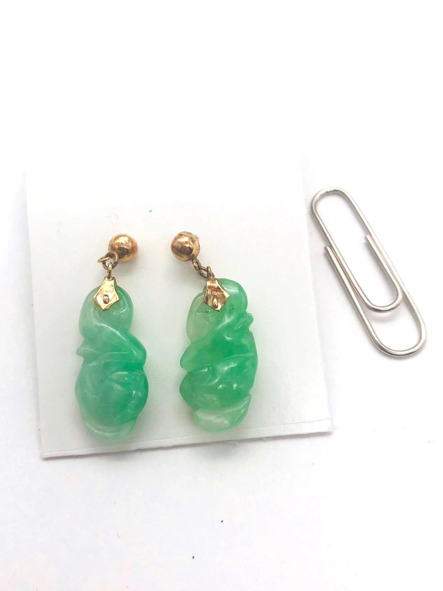 14k (585) Solid Gold Mounted Lucky & Wishful long drop Jade earrings - JewelHub.co.uk