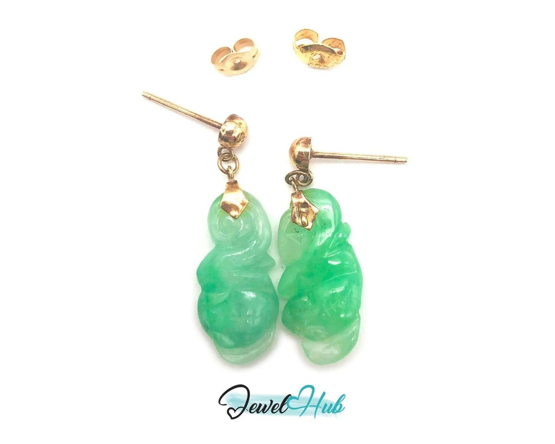 14k (585) Solid Gold Mounted Lucky & Wishful long drop Jade earrings - JewelHub.co.uk