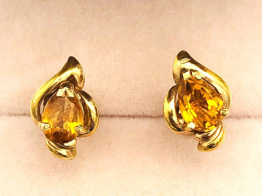 14k (585) Solid Gold Yellow Citrine GemStone Pear Shape Design Stud Earrings - JewelHub.co.uk