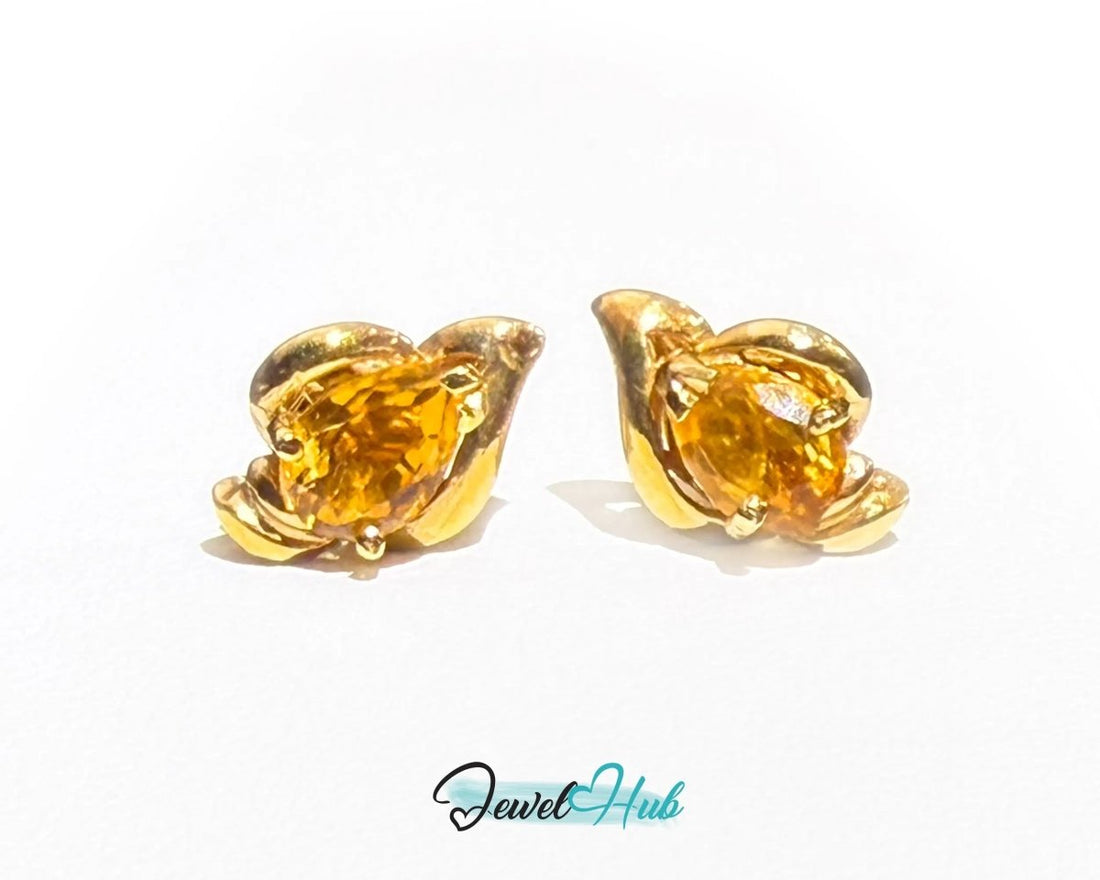14k (585) Solid Gold Yellow Citrine GemStone Pear Shape Design Stud Earrings - JewelHub.co.uk