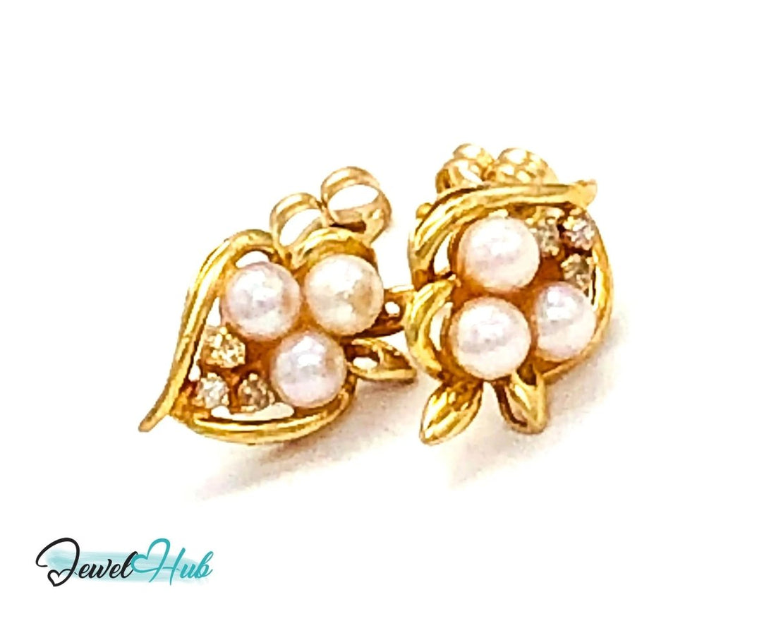 14k (585) Solid Yellow Gold Floral Pearl and Diamond Earrings - JewelHub.co.uk