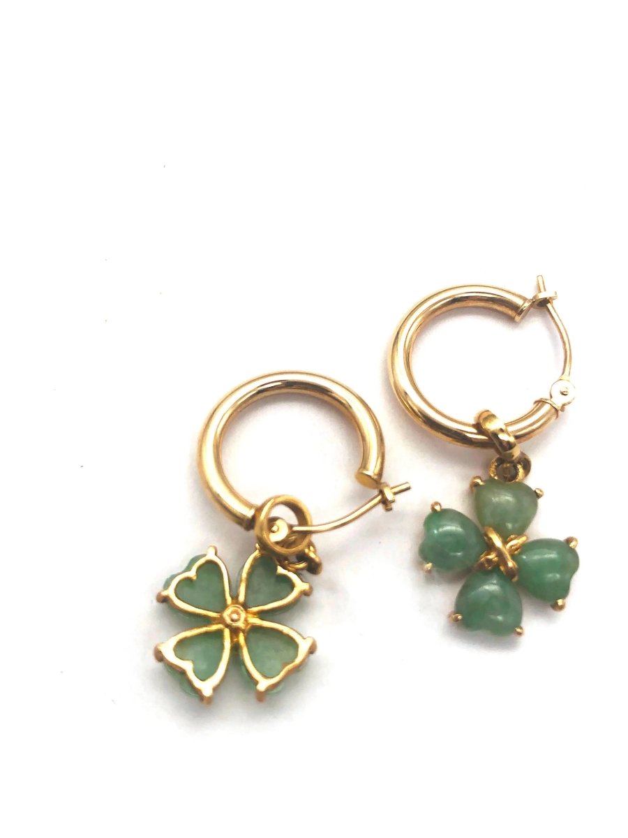 14k (585) Solid Yellow Gold Green Jade dangle earrings with a floral pattern - JewelHub.co.uk
