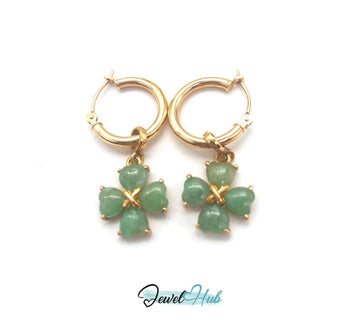 14k (585) Solid Yellow Gold Green Jade dangle earrings with a floral pattern - JewelHub.co.uk