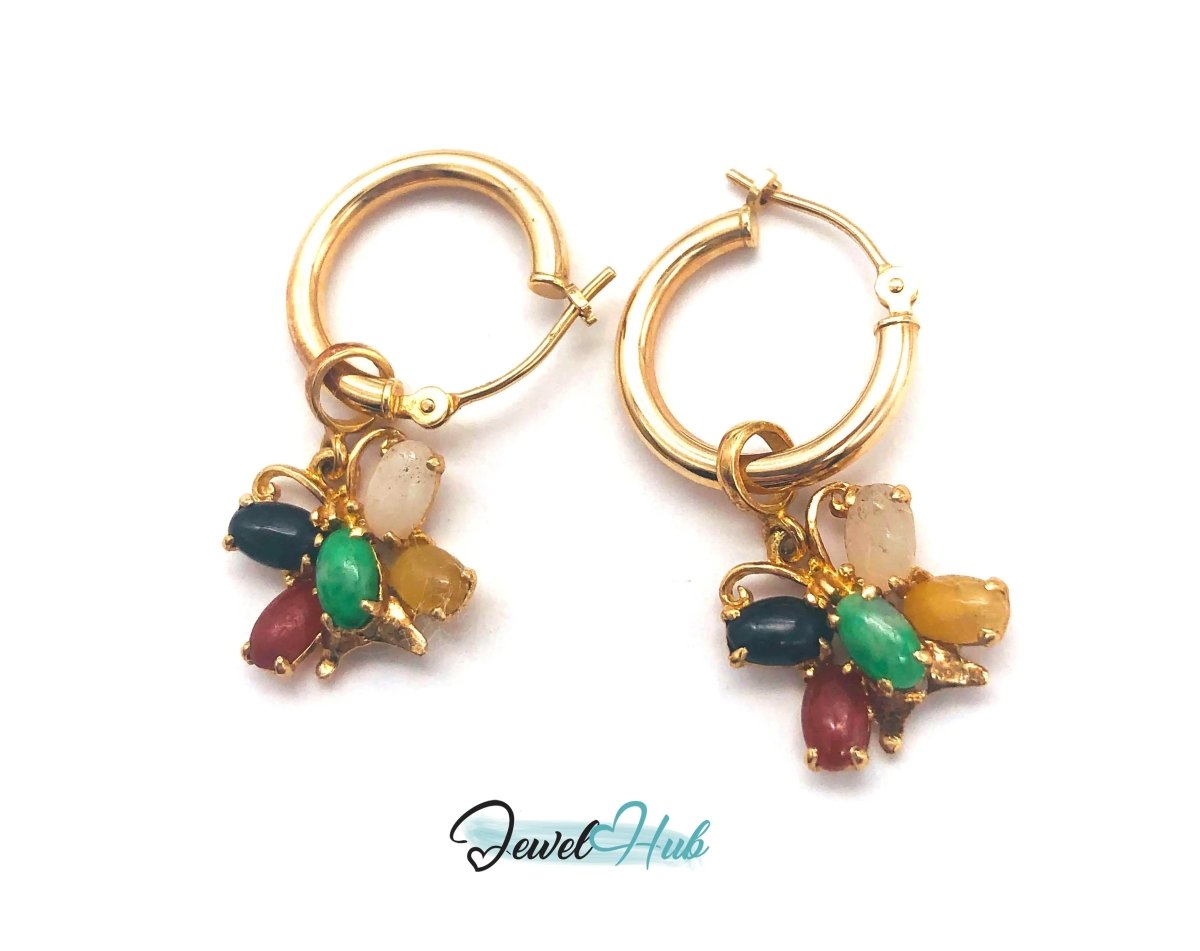 14k (585) Solid Yellow Gold Jade Dangle Earrings (multi colour jade butterfly) - JewelHub.co.uk