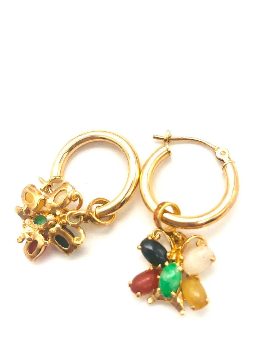 14k (585) Solid Yellow Gold Jade Dangle Earrings (multi colour jade butterfly) - JewelHub.co.uk