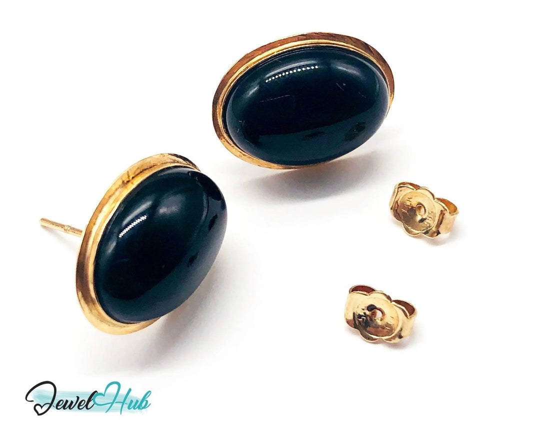14k (585) Solid Yellow Gold Vintage Black Onyx Earrings (Oval Shape Stud) - JewelHub.co.uk