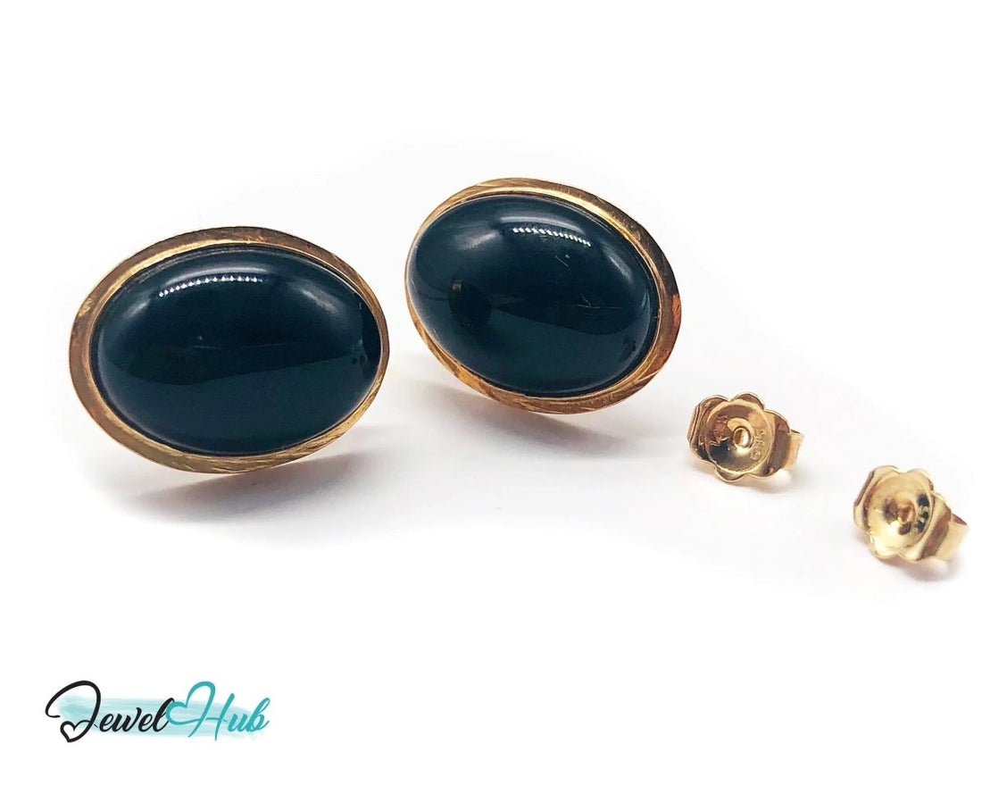 14k (585) Solid Yellow Gold Vintage Black Onyx Earrings (Oval Shape Stud) - JewelHub.co.uk