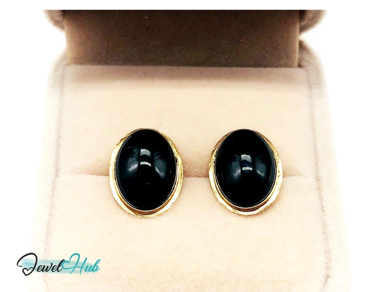 14k (585) Solid Yellow Gold Vintage Black Onyx Earrings (Oval Shape Stud) - JewelHub.co.uk