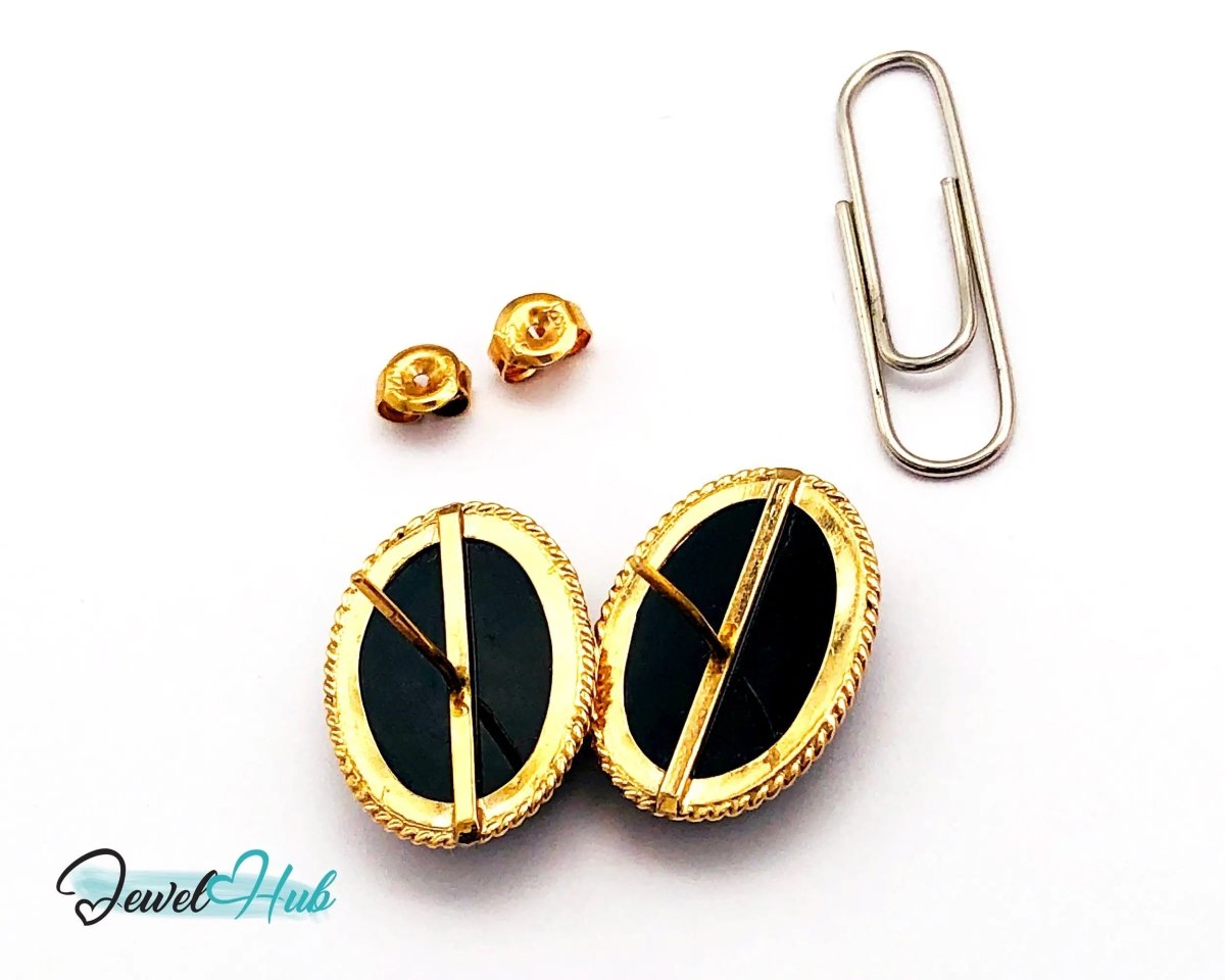 14k (585) Solid Yellow Gold Vintage Black Onyx Earrings (Oval Shape Stud) - JewelHub.co.uk