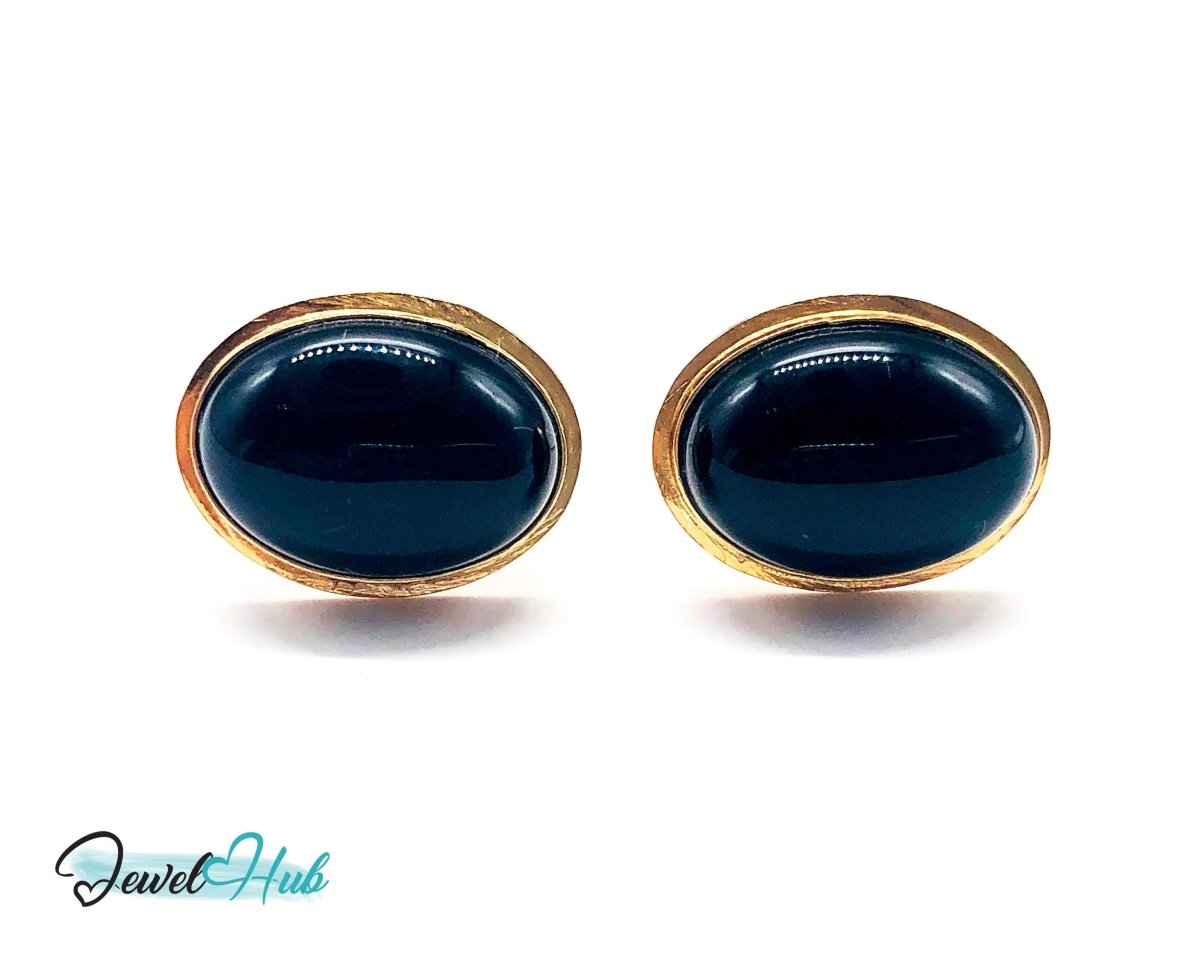14k (585) Solid Yellow Gold Vintage Black Onyx Earrings (Oval Shape Stud) - JewelHub.co.uk