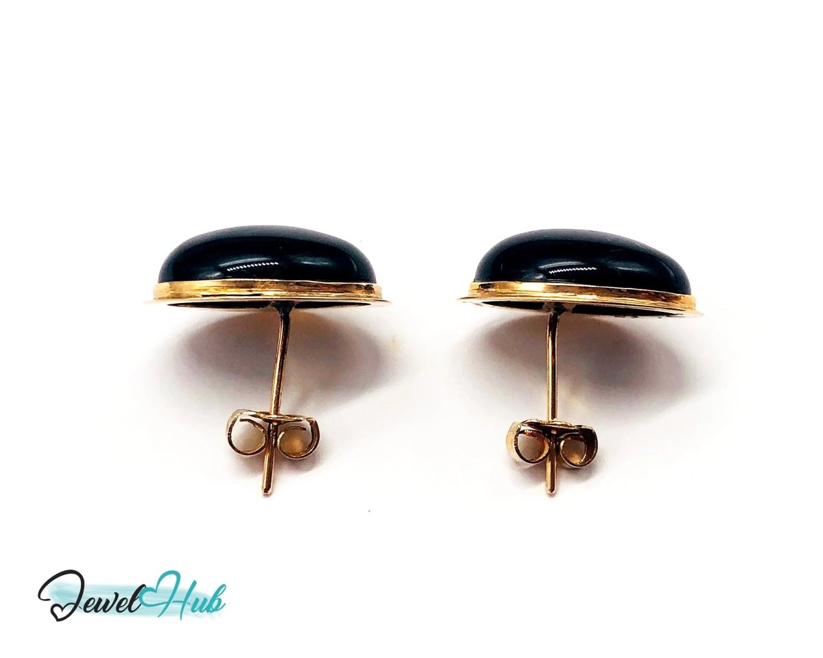 14k (585) Solid Yellow Gold Vintage Black Onyx Earrings (Oval Shape Stud) - JewelHub.co.uk