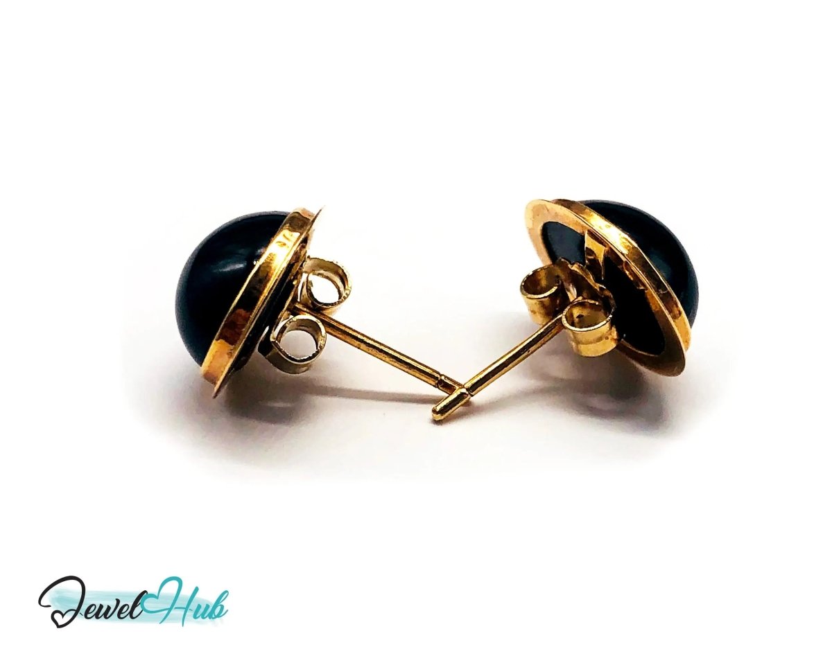 14k (585) Solid Yellow Gold Vintage Black Onyx Stud Earrings (Round) - JewelHub.co.uk