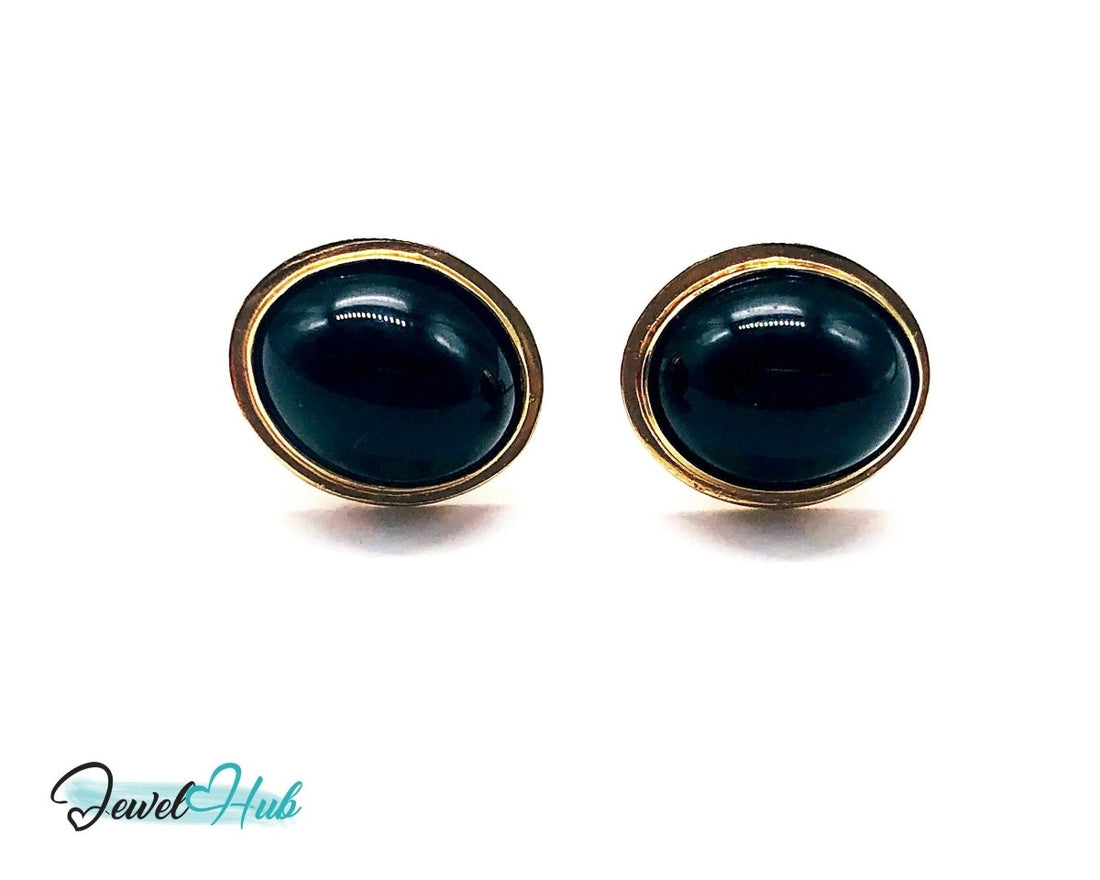 14k (585) Solid Yellow Gold Vintage Black Onyx Stud Earrings (Round) - JewelHub.co.uk