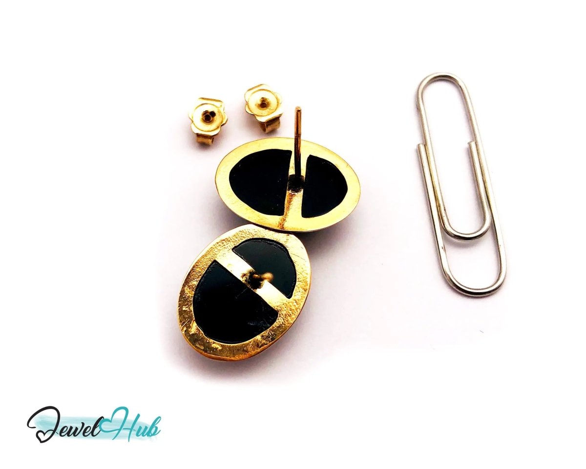 14k (585) Solid Yellow Gold Vintage Black Onyx Stud Earrings (Round) - JewelHub.co.uk