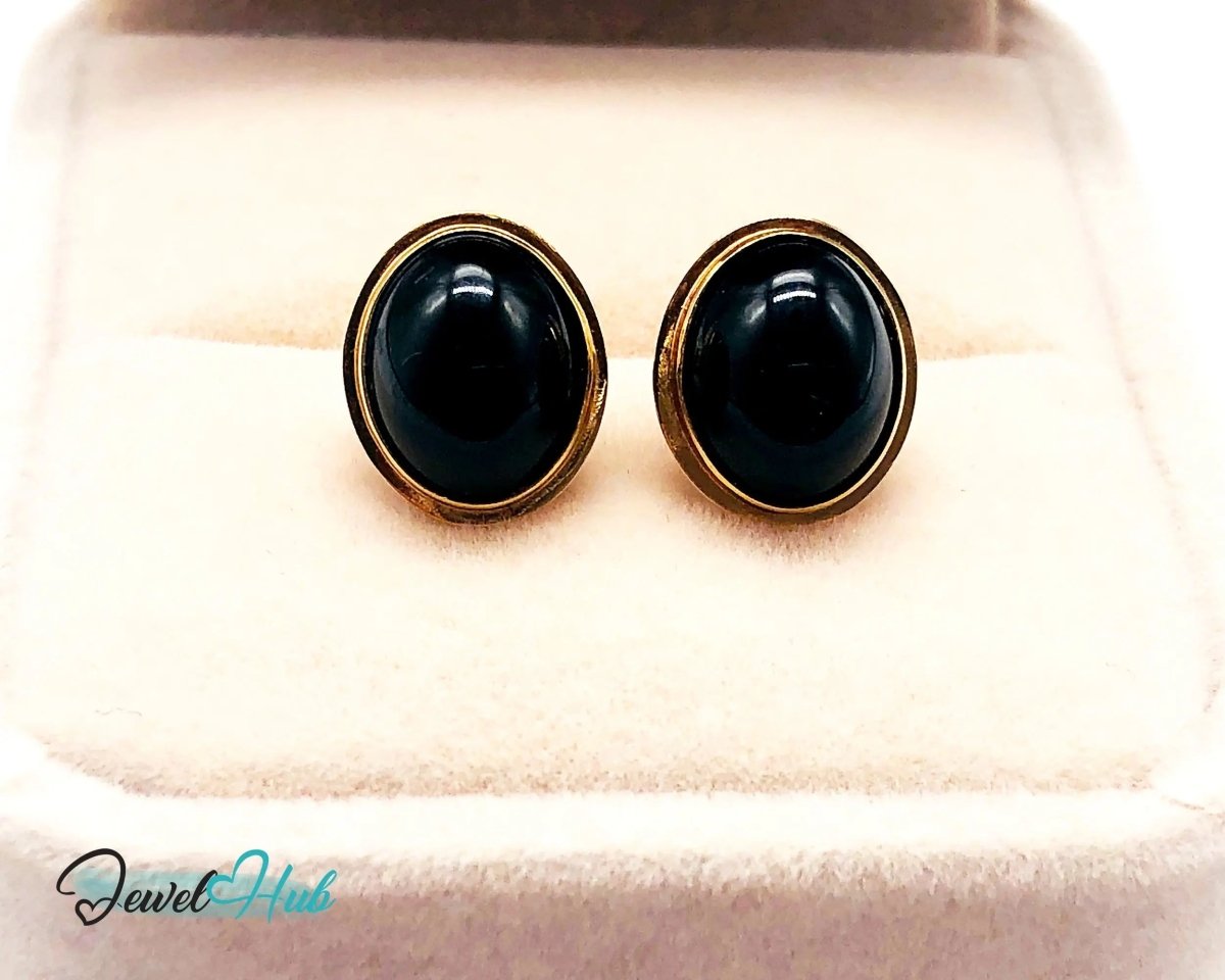 14k (585) Solid Yellow Gold Vintage Black Onyx Stud Earrings (Round) - JewelHub.co.uk