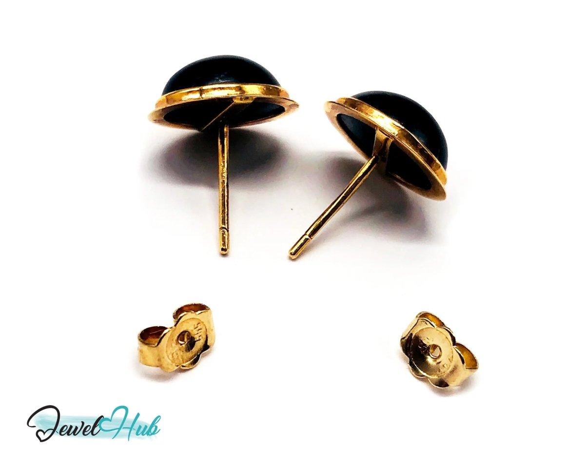 14k (585) Solid Yellow Gold Vintage Black Onyx Stud Earrings (Round) - JewelHub.co.uk